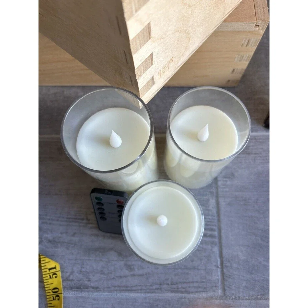 Set of 3 Acrylic Battery LED Flameless Flicker Candles Remote Timer Ivory Pillar
